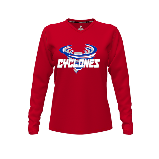 [CUS-DFW-TEES-CMF-VNK-LSL-RED-FYXS-LOGO1] Decker Comfort T-Shirt (Female Youth XS, Red, V Neck, Logo 1, Long Sleeve)