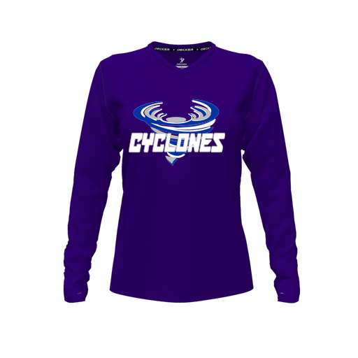 [CUS-DFW-TEES-PER-VNK-LSL-PUR-FYXS-LOGO1] Performance T-Shirt (Female Youth XS, Purple, V Neck, Logo 1, Long Sleeve)